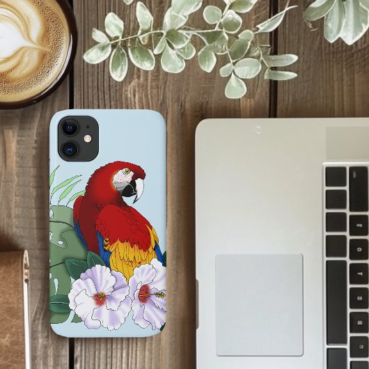 赤いコンゴウインコ 熱帯の白いハイビスカスの花柄 Case-Mate iPhoneケース