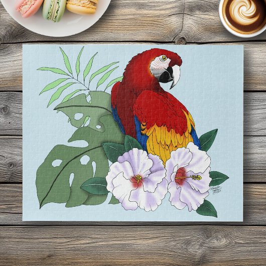 赤いコンゴウインコ 熱帯の白いハイビスカスの花 ジグソーパズル