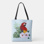 赤いコンゴウインコ 熱帯の白いハイビスカスの花 トートバッグ (裏面)