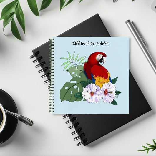 赤いコンゴウインコ 熱帯の白いハイビスカスの花 ノートブック
