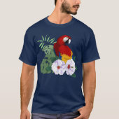 赤いコンゴウインコ 熱帯の白いハイビスカスの花  Tシャツ (正面)