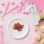 赤いコンテンポラリーポピーとシンプル金ゴールドの葉 ペーパープレート (パーティー)