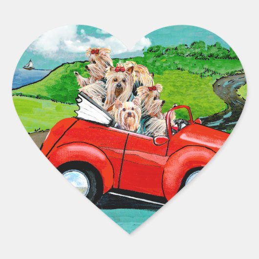 赤いコンバーチブルステッカーのヨークシャーテリア ハートシール (正面)
