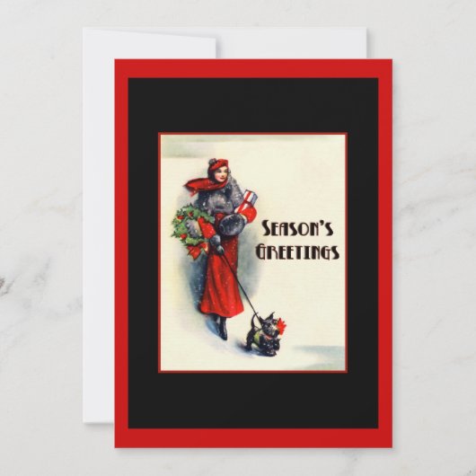 赤いコートの女性とスコッチテリアのオープンハウス 招待状 (正面)