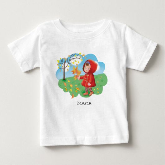 赤いコートを着たかわいい少女が秋の光景を楽しみながら散歩する ベビーTシャツ (正面)
