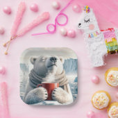 赤いコーヒーマグ付きホッキョクグマ ペーパープレート (パーティー)