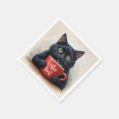 赤いコーヒーマグ付き黒猫 スタンダードカクテルナプキン (角)