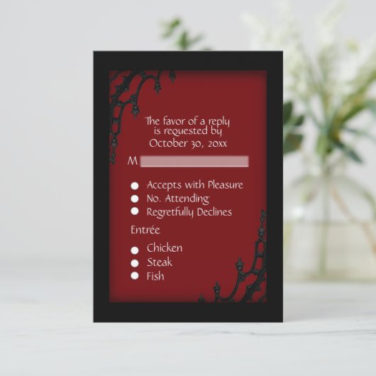 赤いゴシックスタイルの食事選択付き返信カード 出欠カード (スタンド正面)