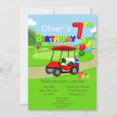 赤いゴルフカートのかわいい7歳の誕生日の男の子用 招待状 (正面)
