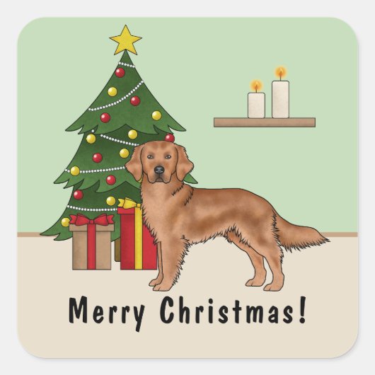 赤いゴールデンレトリバーの犬とクリスマスツリー スクエアシール (正面)