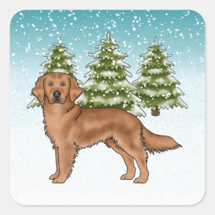 赤いゴールデンレトリバー 犬 青い雪のクリスマス スクエアシール