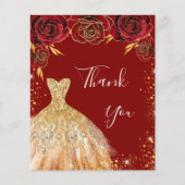 赤いゴールドのドレス 花柄の誕生日お礼メッセージ チラシ (正面)
