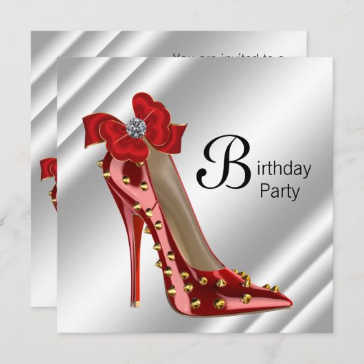 赤いゴールドのハイヒール靴の誕生日パーティーの招待状 招待状 (正面/裏面)