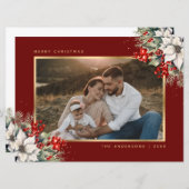 赤いゴールドのポインセチアの実の写真クリスマス シーズンカード (正面/裏面)