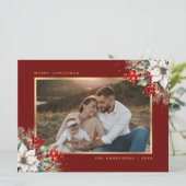 赤いゴールドのポインセチアの実の写真クリスマス シーズンカード (スタンド正面)