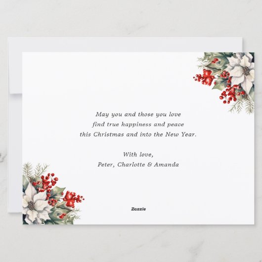 赤いゴールドのポインセチアの実の写真クリスマス シーズンカード (裏面)