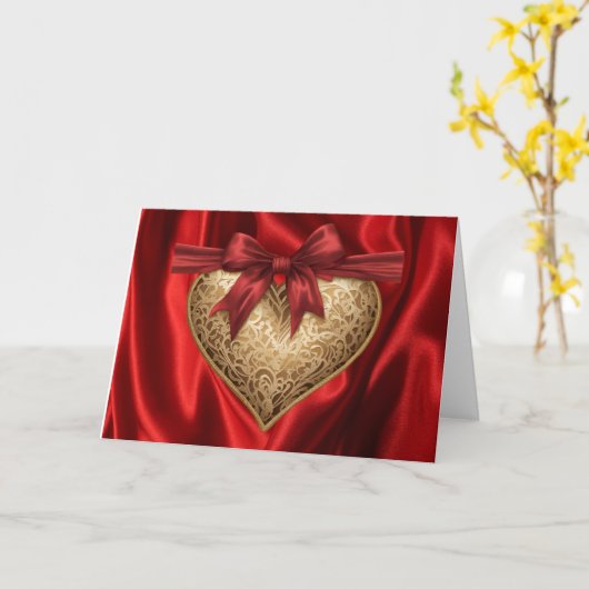 赤いゴールドのレースハート バレンタインデーのハートカード カード (黄色い花)