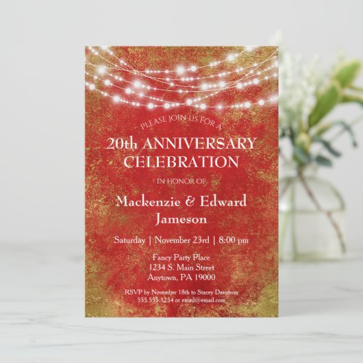 赤いゴールドの光のアニバーサリー・パーティー招待状 招待状 (スタンド正面)