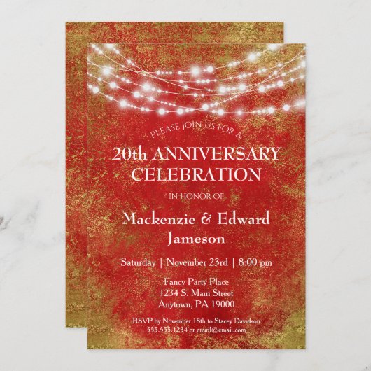 赤いゴールドの光のアニバーサリー・パーティー招待状 招待状 (正面/裏面)