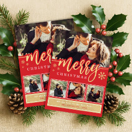 赤いゴールドの雪の結晶 メリークリスマス フォト コラージュ シーズンカード