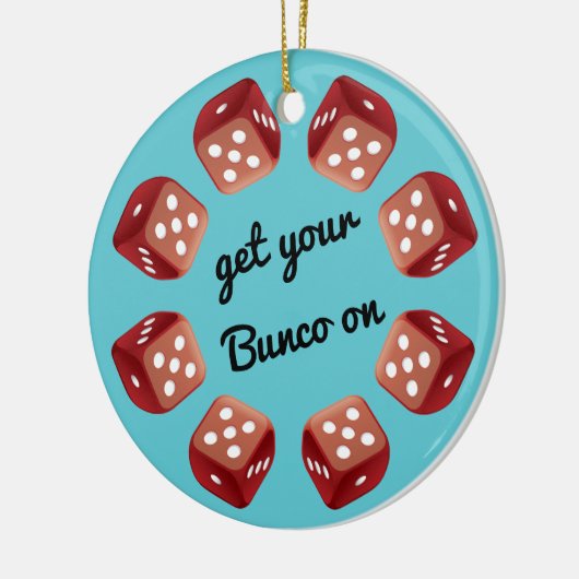 赤いサイコロの円-あなた自身のメッセージを加えて下さい セラミックオーナメント (左)