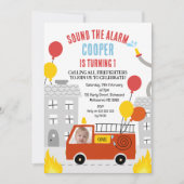 赤いサウンドアラーム ファイヤーエンジン 1歳の誕生日 招待状 (正面)