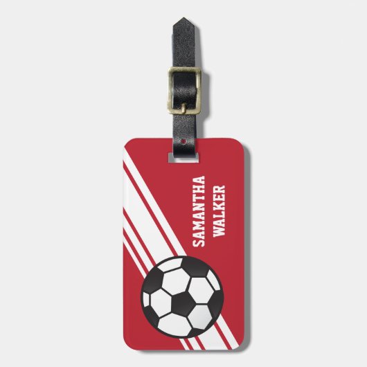 赤いサッカーのストライプのパーソナライズな荷物のラベル ラゲッジタグ (正面縦)
