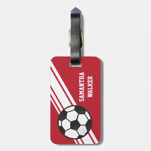 赤いサッカーのストライプのパーソナライズな荷物のラベル ラゲッジタグ (裏面縦)