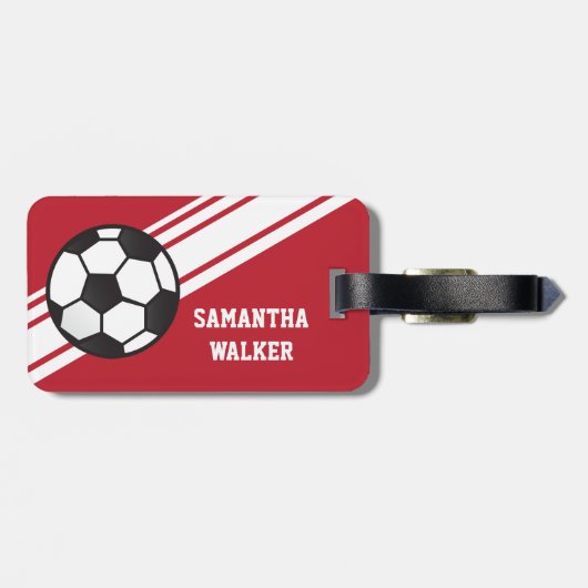 赤いサッカーのストライプのパーソナライズな荷物のラベル ラゲッジタグ (裏面横)