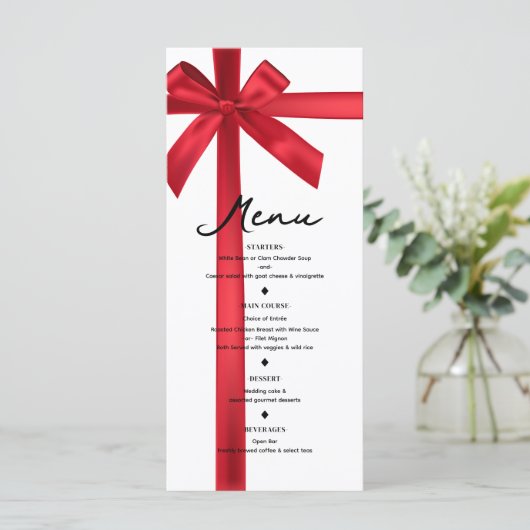 赤いサテンリボンのクリスマスホリデーパーティメニュー メニュー (スタンド正面)