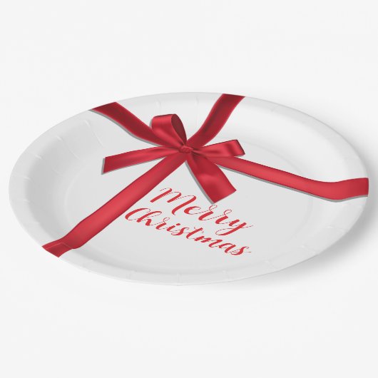 赤いサテンリボンのクリスマスホリデーパーティー ペーパープレート (アングル)