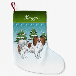 赤いサブルのファレーヌ犬 青緑の冬の森 スモールクリスマスストッキング