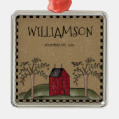 赤いサルトボックスハウスファミリー素朴名 メタルオーナメント (正面)