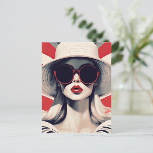 赤いサングラスの美しいパリの女性 ポストカード (スタンド正面)