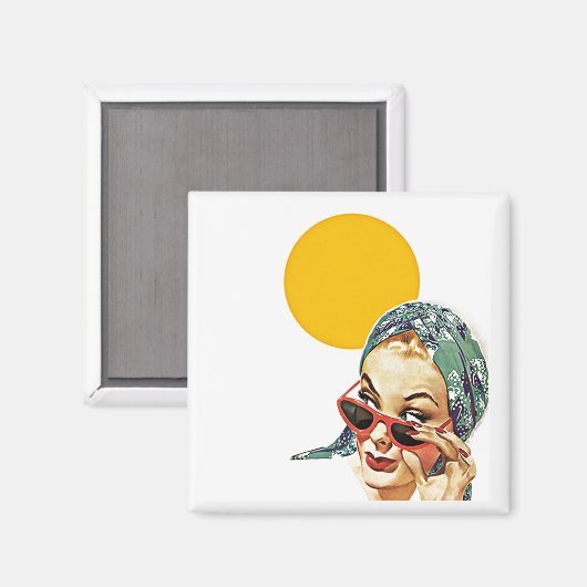 赤いサングラススタイリッシュの後ろに~レトロの女性を引っ張る マグネット (正面/裏面)