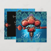 赤いサンゴのバラ,アクアブルーのブラックダマスクのモノグラム 招待状 (正面/裏面)