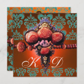 赤いサンゴのバラ、オレンジ、青、黒のダマスクのイニシャル 招待状 (正面/裏面)