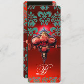 赤いサンゴのバラ、ターコイズブルーのブラックダマスクのイニシャル 招待状 (正面/裏面)