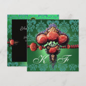 赤いサンゴのバラ、緑青黒のダマスクのモノグラム 招待状 (正面/裏面)