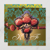 赤いサンゴのバラ、黒と緑と黄色のダマスクのモノグラム 招待状 (正面/裏面)