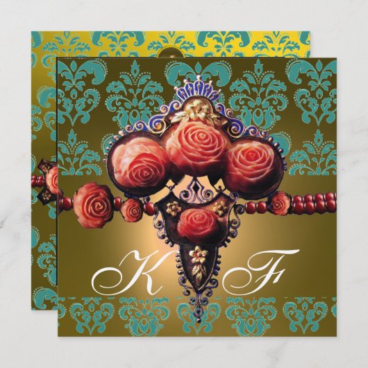 赤いサンゴのバラ、黒と緑と黄色のダマスクのモノグラム 招待状 (正面/裏面)