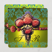 赤いサンゴのバラ、黒と緑と黄色のダマスクのモノグラム 招待状 (正面/裏面)