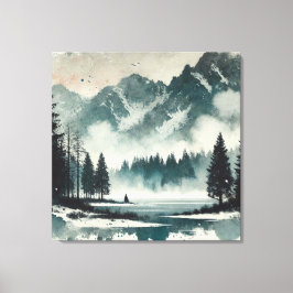 赤いサンセットアクセントで霧が立つ湖の風景を穏やかに キャンバスプリント