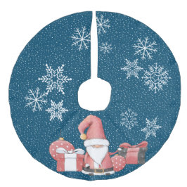 赤いサンタのノームとプレゼントのファブリック製クリスマスツリースカート フェイクリネンツリースカート