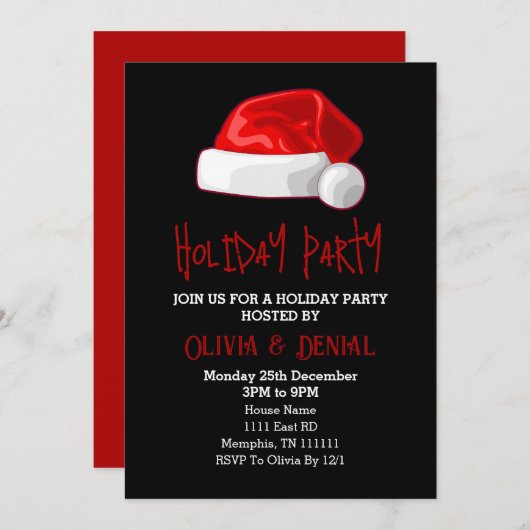 赤いサンタの帽子がクリスマスを祝う ブラック シーズンカード (正面/裏面)