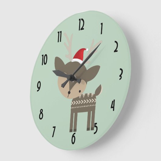 赤いサンタの帽子のレトロのヒップスターを持つクリスマスのシカ ラージ壁時計 (傾斜)