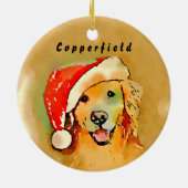 赤いサンタの帽子の水彩画を持つゴールデン・リトリーバー犬 セラミックオーナメント (裏面)
