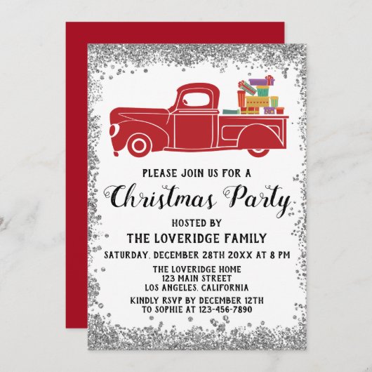 赤いサンタギフト ホリデー クリスマスパーティー シルバー 招待状 (正面/裏面)