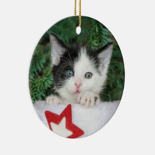 赤いサンタクロースに子猫ブーツストッキングクリスマス セラミックオーナメント (右)