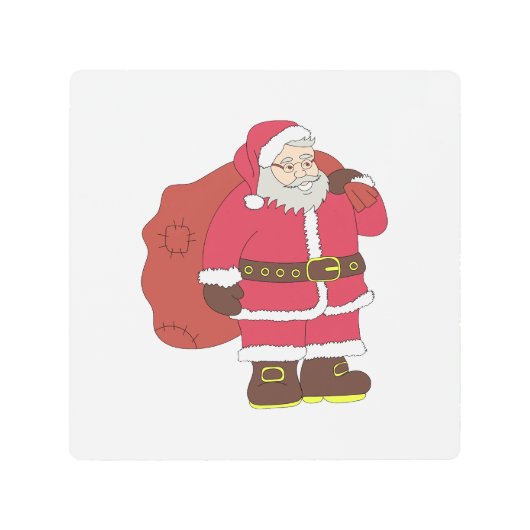 赤いサンタクロースに抱き枕とメガネ メタルプリント (正面)